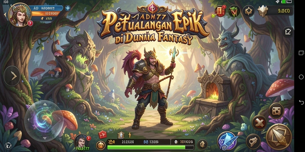 Screenshot gameplay ADAM77 yang menampilkan pertarungan epik di alam fantasi.