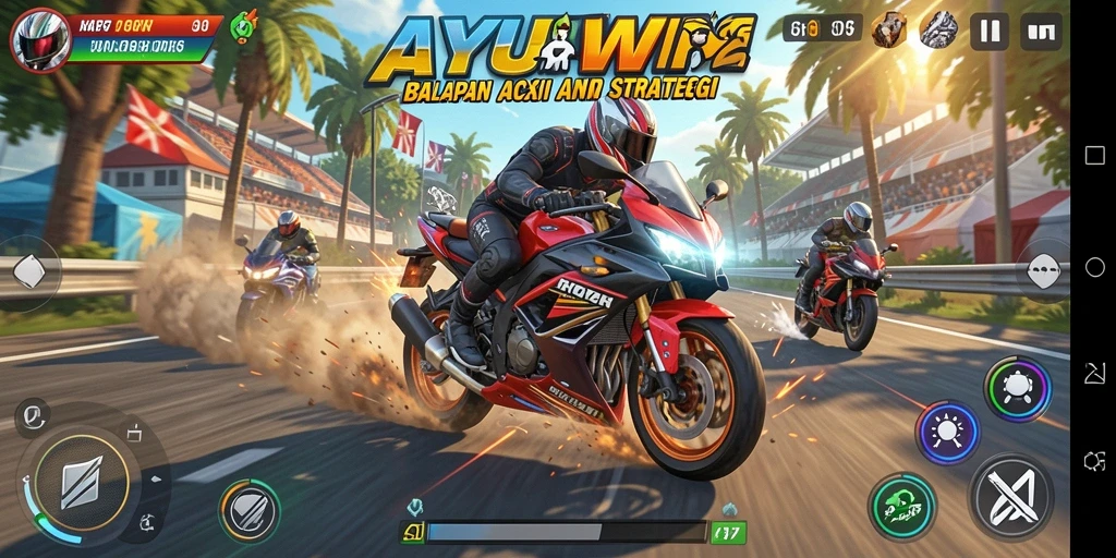 Tampilan gameplay AYUWIN dengan balapan motor yang menegangkan.