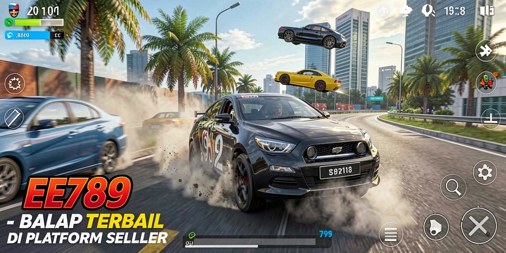 Screenshot gameplay EE789 menampilkan aksi balap yang penuh adrenalin.