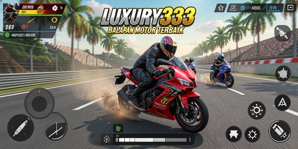 Tangkapan layar utama LUXURY333 menunjukkan aksi balapan motor yang mendebarkan.