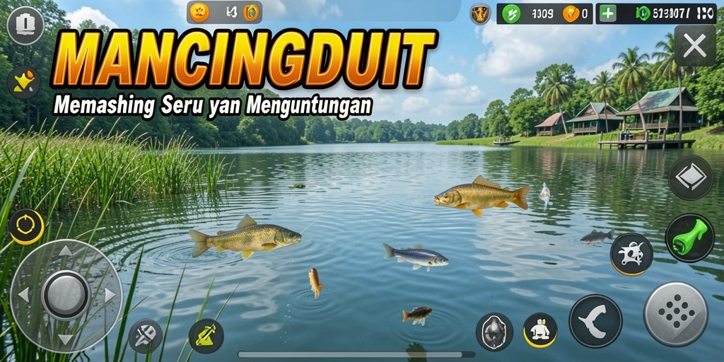 Screenshot gameplay MANCINGDUIT yang menunjukkan aksi memancing yang seru.
